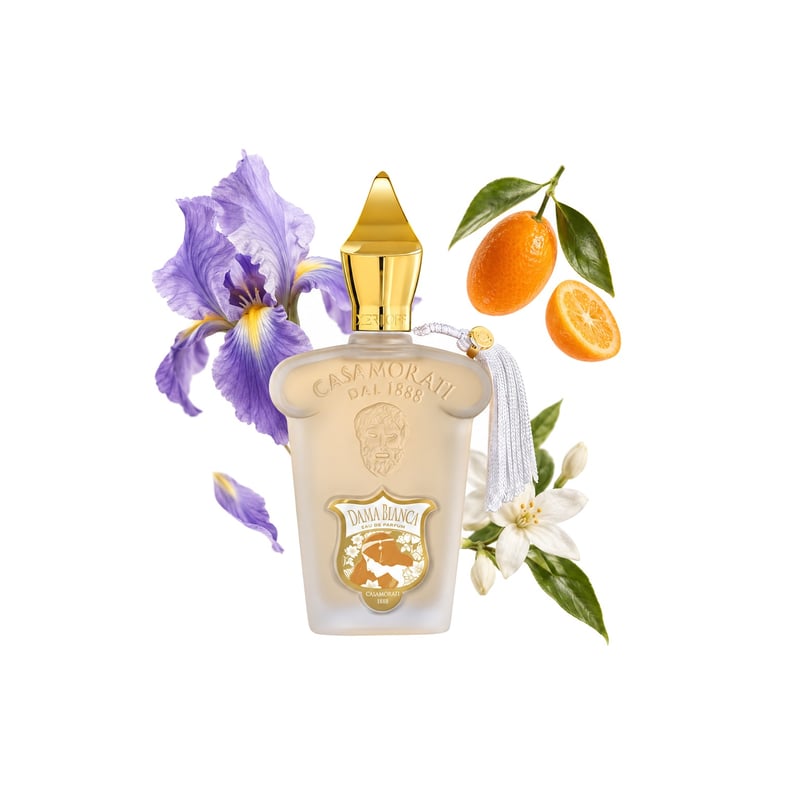 Dama Bianca de la Xerjoff, flacon alături de notele principale: Iris, Kumquat și Iasomie egipteană