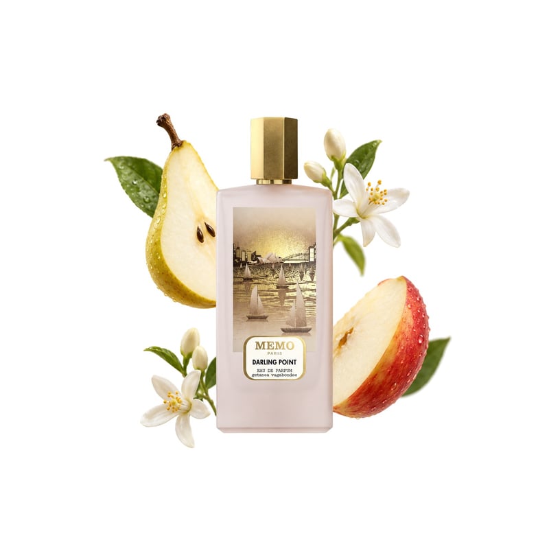Darling Point by Memo Paris, bottle pictured with its key notes: Pear, Apple and Orange Blossom