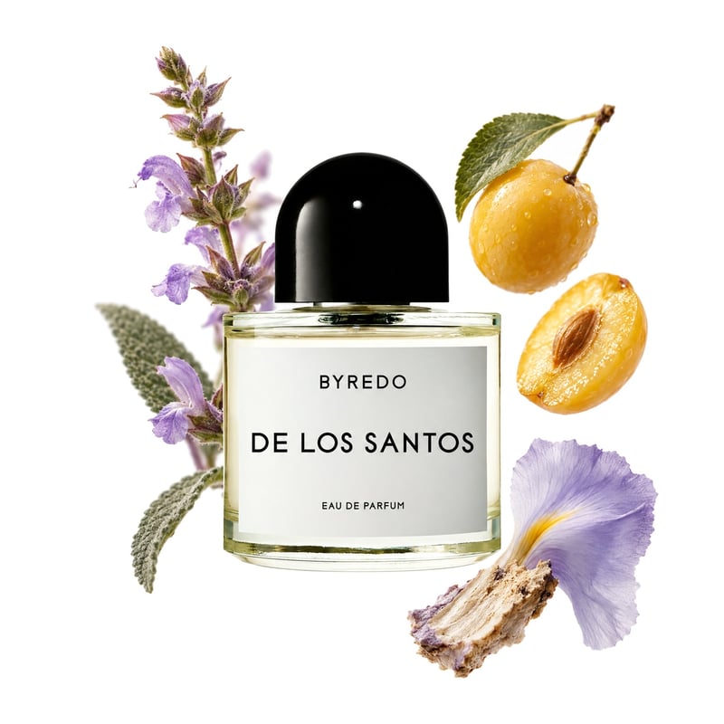 De Los Santos του οίκου Byredo, φιάλη με τις κύριες νότες της: Σκλαρέα, Μιραμπέλα και Όρις