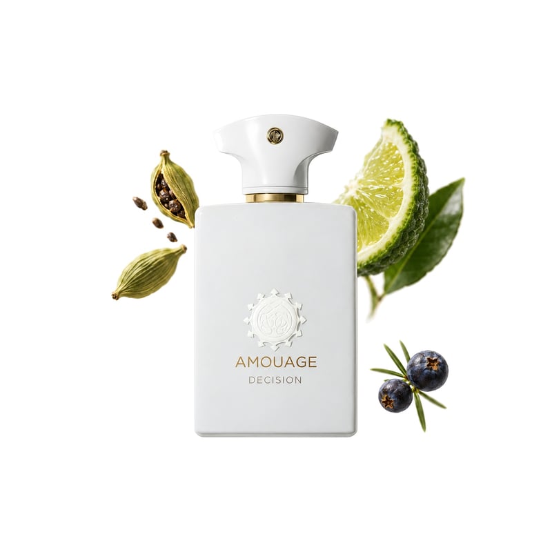 Decision by Amouage, bottle pictured with its key notes: Cardamom, Bergamot and Juniper Berries