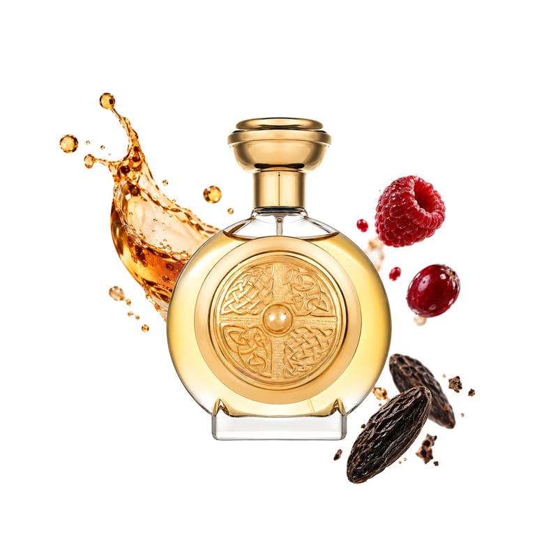 Defender by Boadicea The Victorious, bottle pictured with its key notes: Cognac, Red Fruits and Tonka Bean