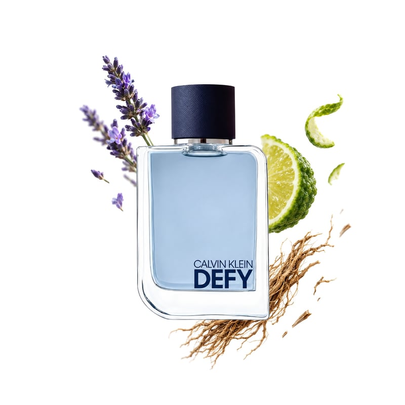 Defy by Calvin Klein, bottle pictured with its key notes: Lavender, Bergamot and Vetiver
