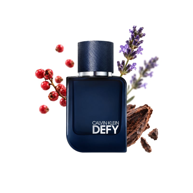 Defy Parfum by Calvin Klein, bottle pictured with its key notes: Pink Pepper, Lavender and Cacao