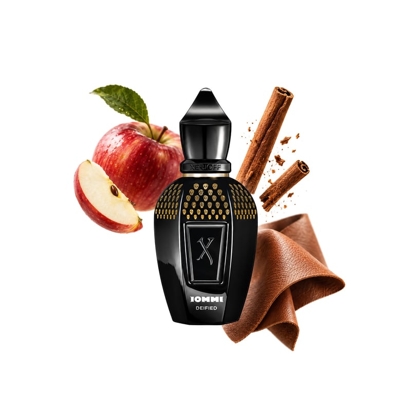 Deified Tony Iommi Parfum by Xerjoff, bottle pictured with its key notes: Apple, Cinnamon and Leather