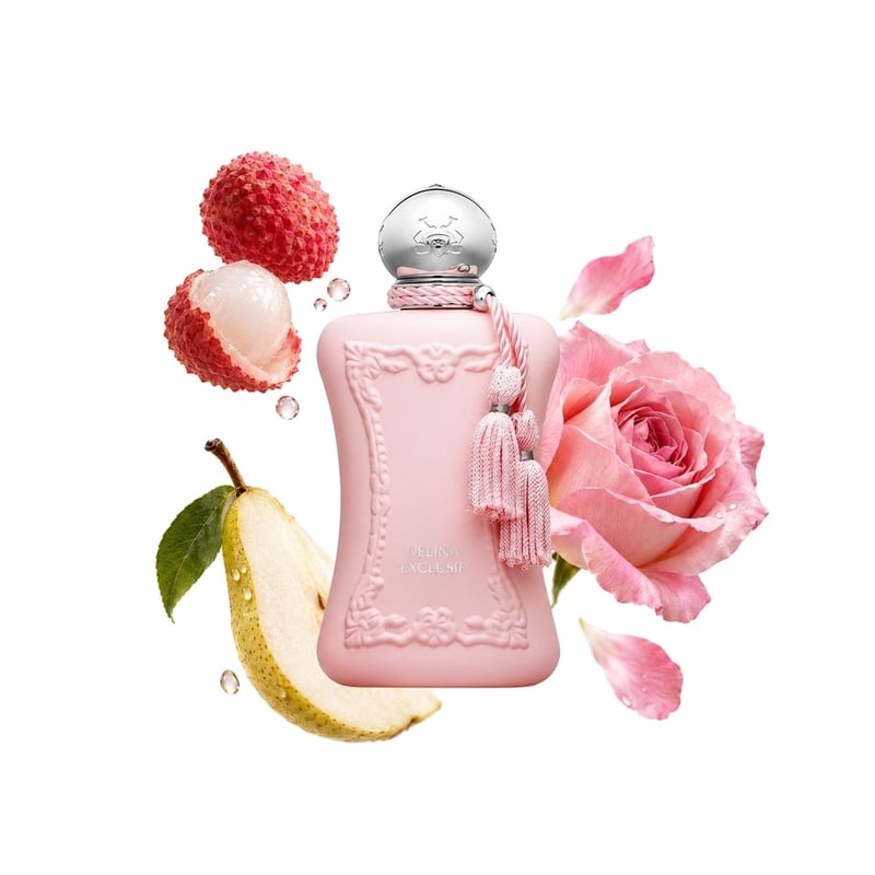 Delina Exclusif by Parfums de Marly, bottle pictured with its key notes: Litchi, Pear and Turkish Rose