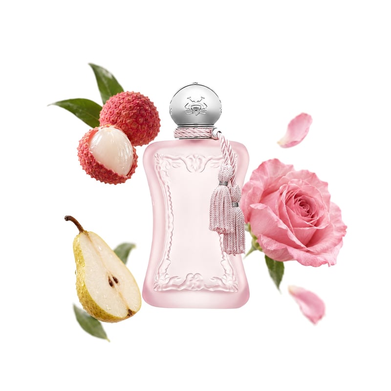 Delina La Rosée by Parfums de Marly, bottle pictured with its key notes: Litchi, Pear and Turkish Rose