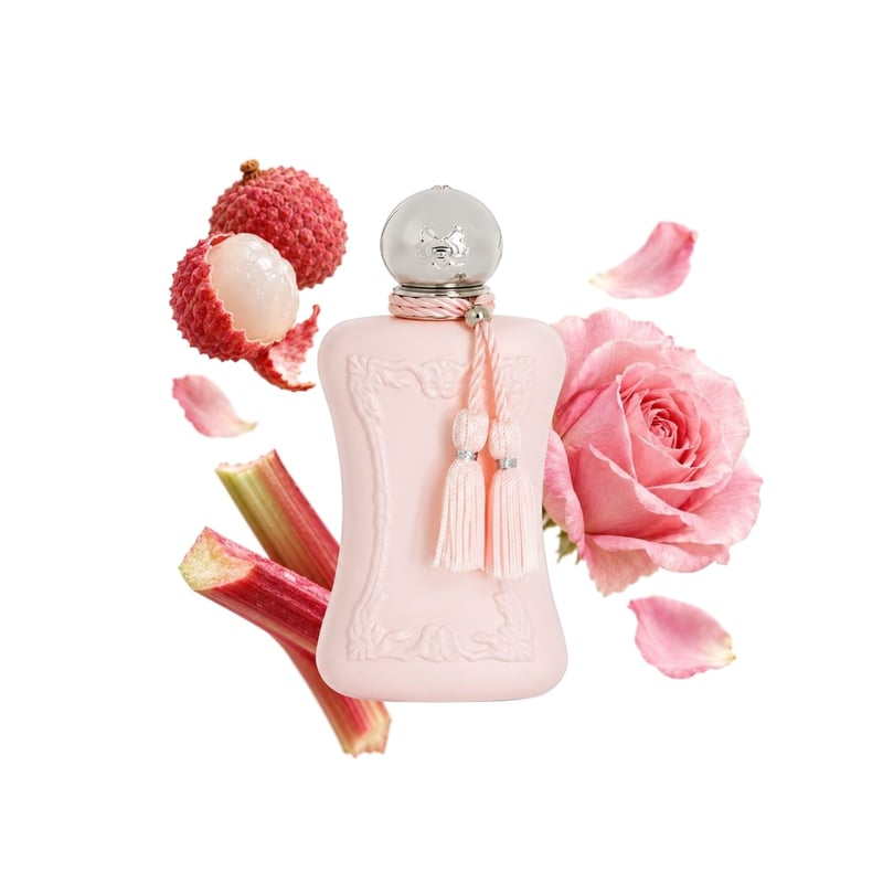 Delina by Parfums de Marly, bottle pictured with its key notes: Litchi, Rhubarb and Turkish Rose