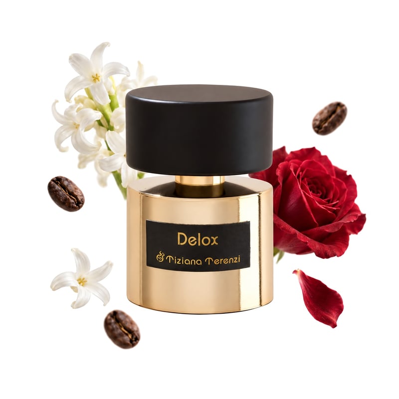 Delox by Tiziana Terenzi, bottle pictured with its key notes: Coffee, White Hyacinth and Turkish Rose