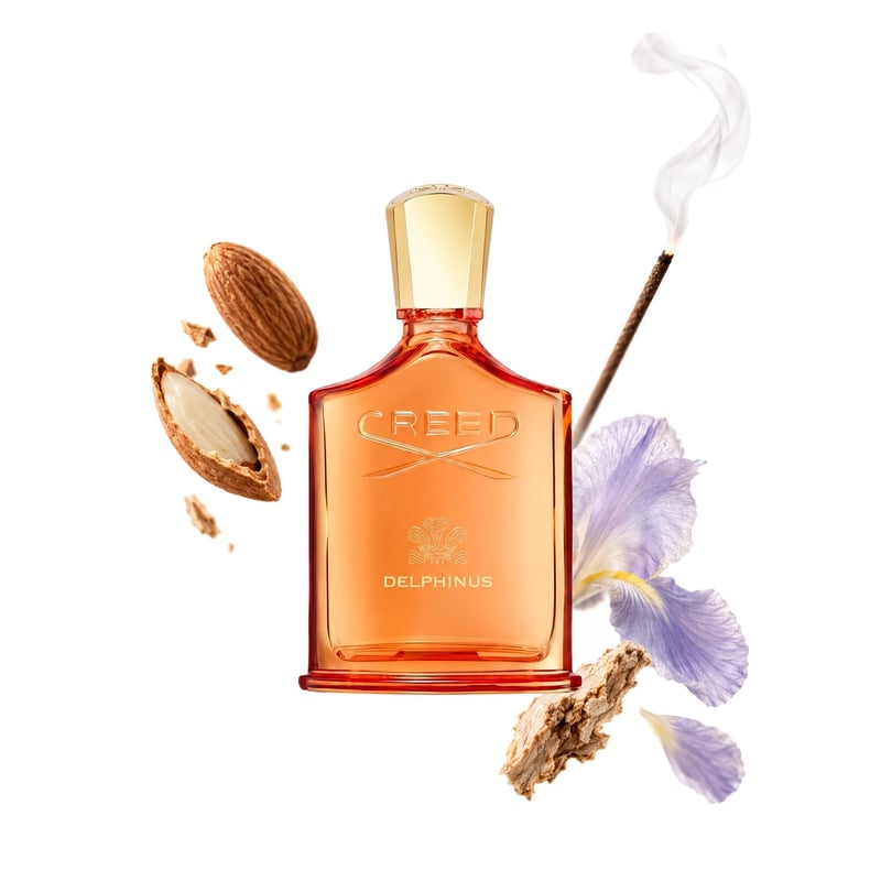 Delphinus by Creed, bottle pictured with its key notes: Almond, Incense and Orris