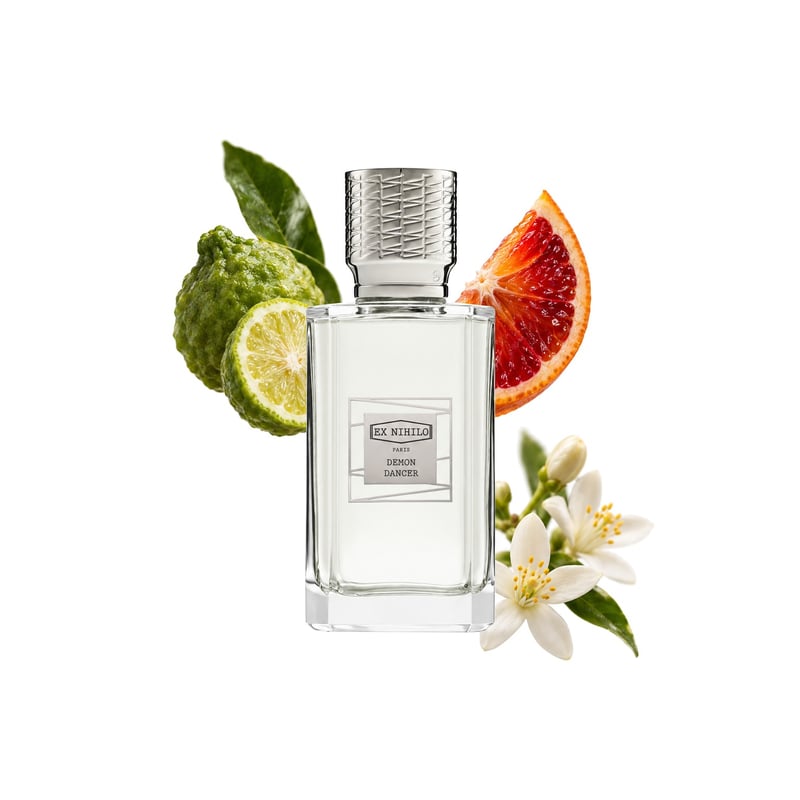 Demon Dancer by Ex Nihilo, bottle pictured with its key notes: Bergamot, Blood Orange and Orange Blossom