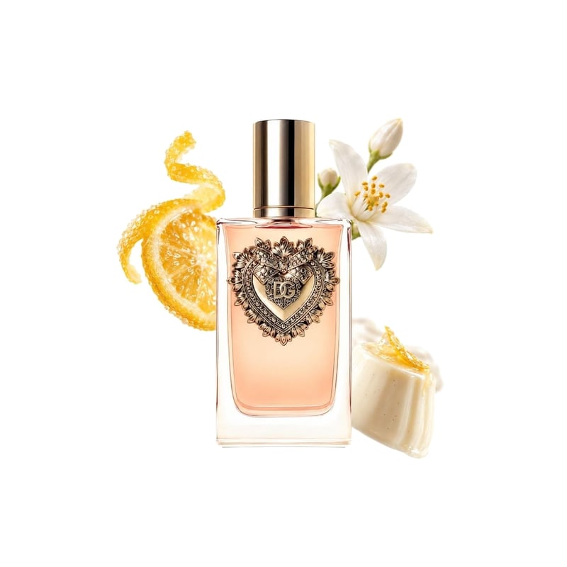 Devotion by Dolce&Gabbana, bottle pictured with its key notes: Candied Lemon, Panacotta and Orange Blossom