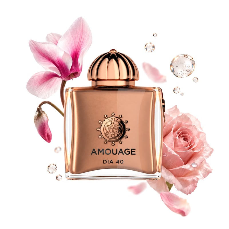 Dia 40 by Amouage, bottle pictured with its key notes: Cyclamen, Aldehydes and Rose