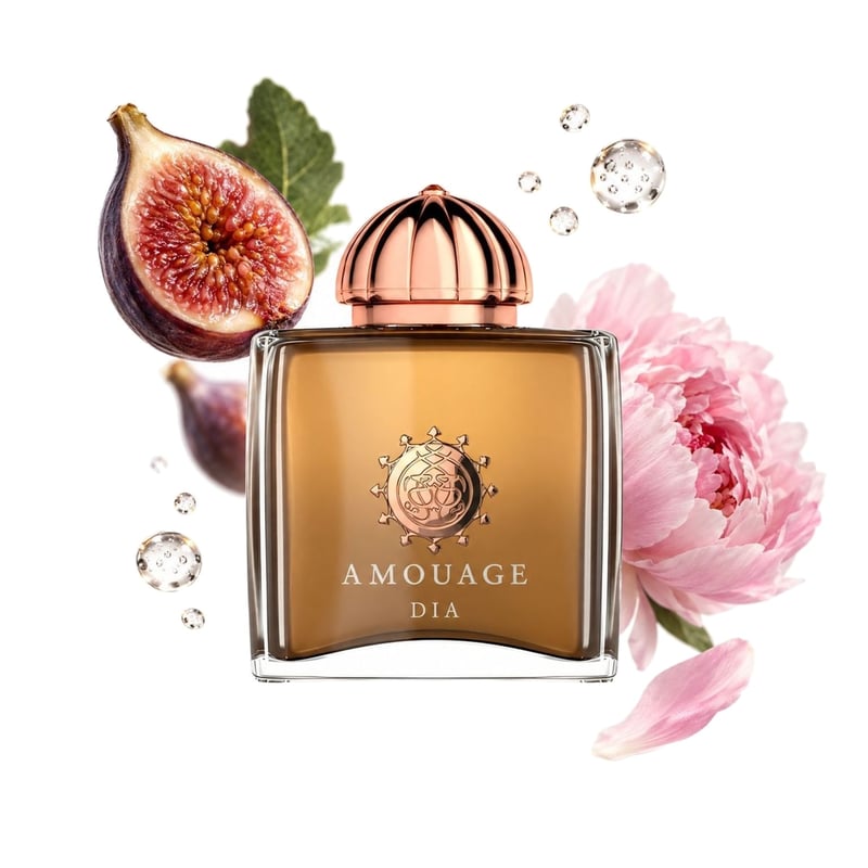 Dia Woman by Amouage, bottle pictured with its key notes: Fig, Aldehydes and Peony