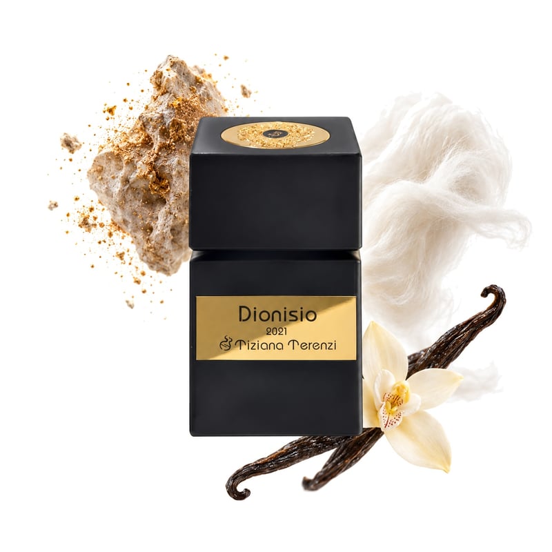 Dionisio by Tiziana Terenzi, bottle pictured with its key notes: Orientalgris, Musk and Tahitian Vanilla