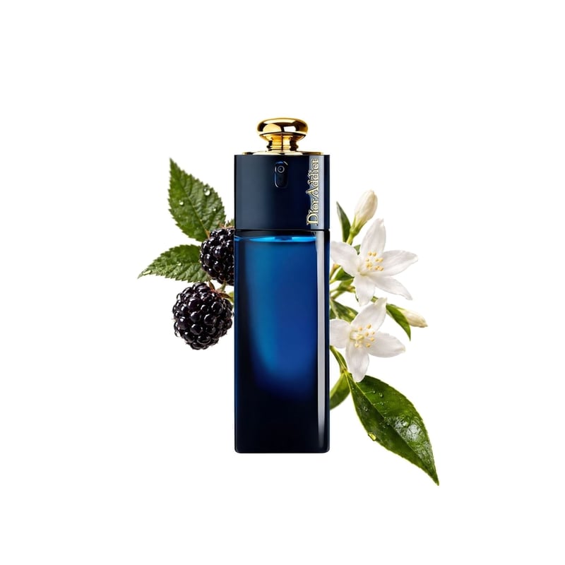 Dior Addict by Dior, bottle pictured with its key notes: Blackberry, Mandarin Leaf and Jasmine