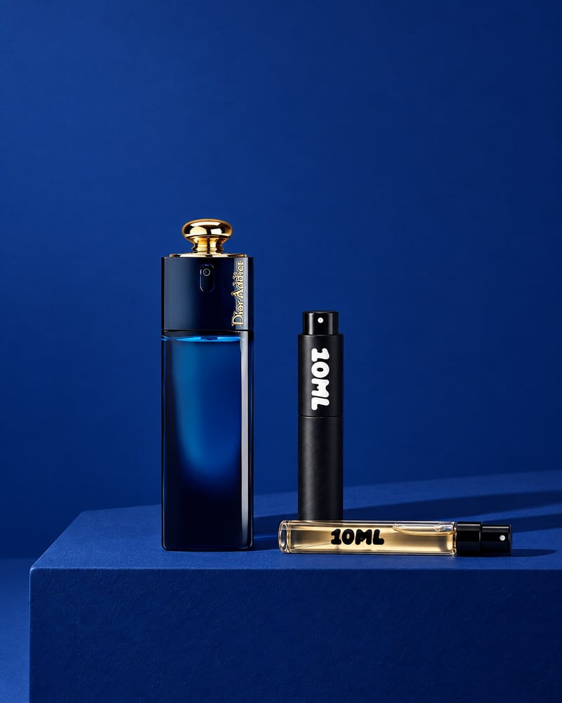 Dior Addict with a 10ML travel atomiser and a 10ML refill vial on a blue plinth