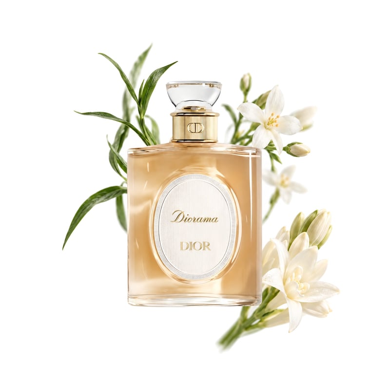 Diorama Dioriginals by Dior, bottle pictured with its key notes: Tarragon, Jasmine and Tuberose