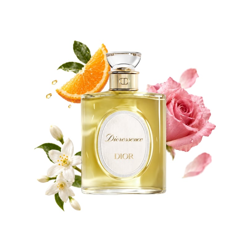 Dioressence Dioriginals von Dior, Flakon mit seinen Hauptnoten: Orange, Rose und Jasmin