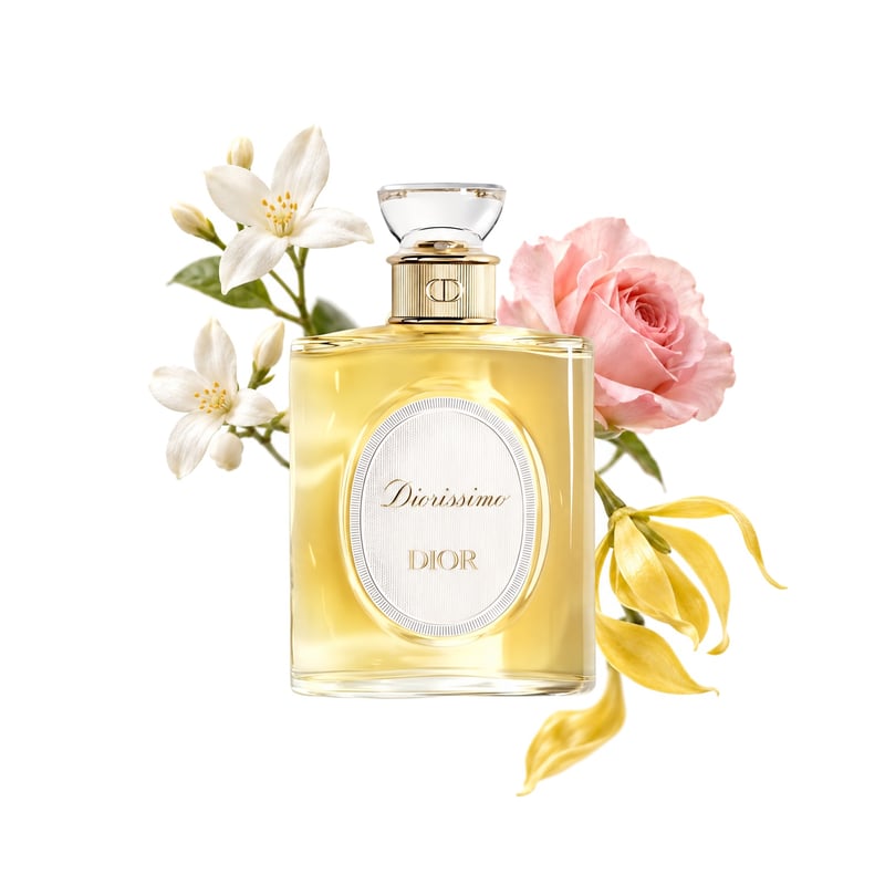 Diorissimo Dioriginals by Dior, bottle pictured with its key notes: Jasmine, Rose and Ylang-ylang