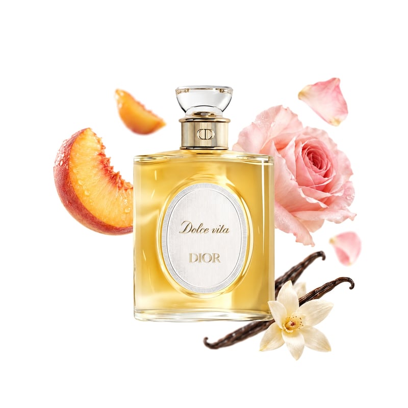 Dolce Vita Dioriginals de Dior, flacon entouré de ses notes clés : Pêche, Rose et Vanille