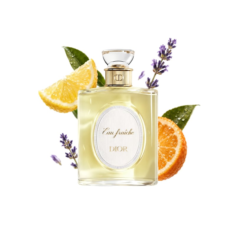 Eau Fraîche Dioriginals de Dior, flacon entouré de ses notes clés : Citron, Orange amère et Lavande