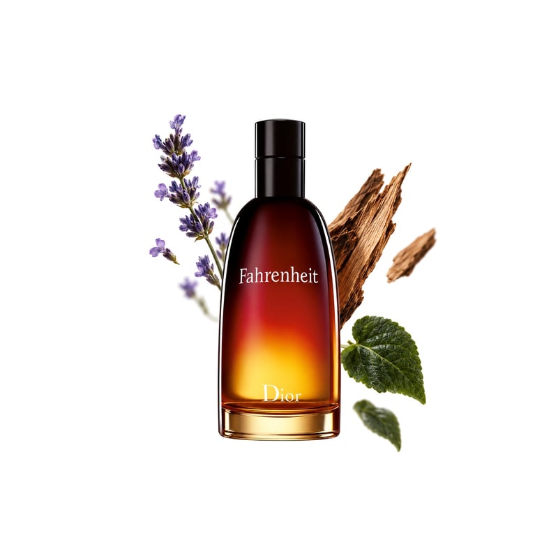 Fahrenheit by Dior, bottle pictured with its key notes: Lavender, Cedar and Violet Leaf