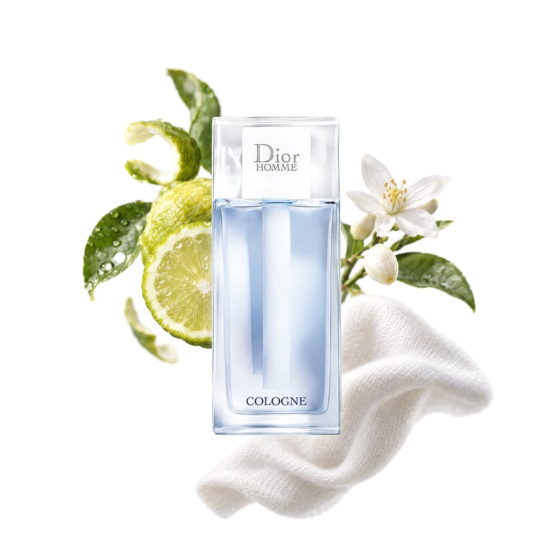 Dior Dior Homme Cologne, az üveg és fő illatjegyei: Calabriai bergamott, Grapefruitvirág és Fehér pézsma