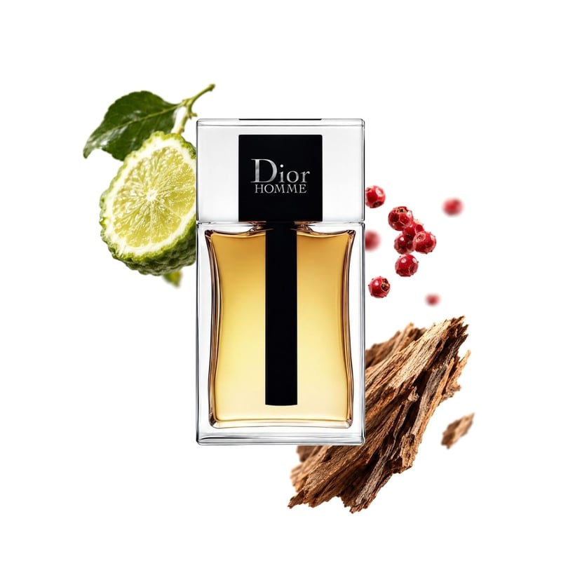 Dior Homme by Dior, bottle pictured with its key notes: Bergamot, Pink Pepper and Atlas Cedar
