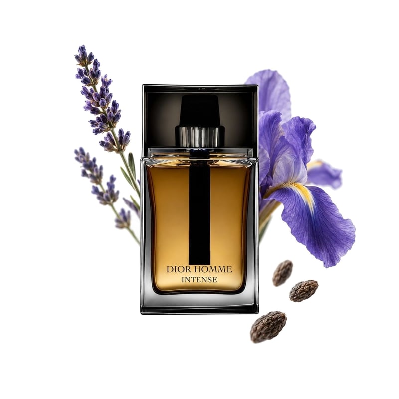 Dior Homme Intense by Dior, bottle pictured with its key notes: Lavender, Iris and Ambrette (musk Mallow)