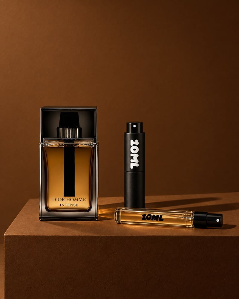 Dior Homme Intense with a 10ML travel atomiser and a 10ML refill vial on a brown plinth