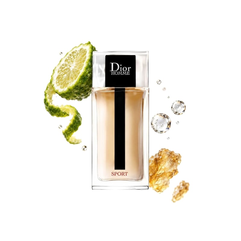 Dior Homme Sport by Dior, bottle pictured with its key notes: Bergamot, Aldehydes and Elemi