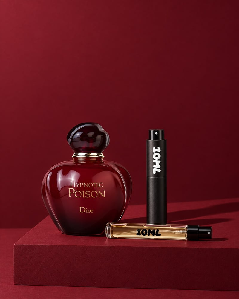 Dior Hypnotic Poison with a 10ML travel atomiser and a 10ML refill vial on a red plinth