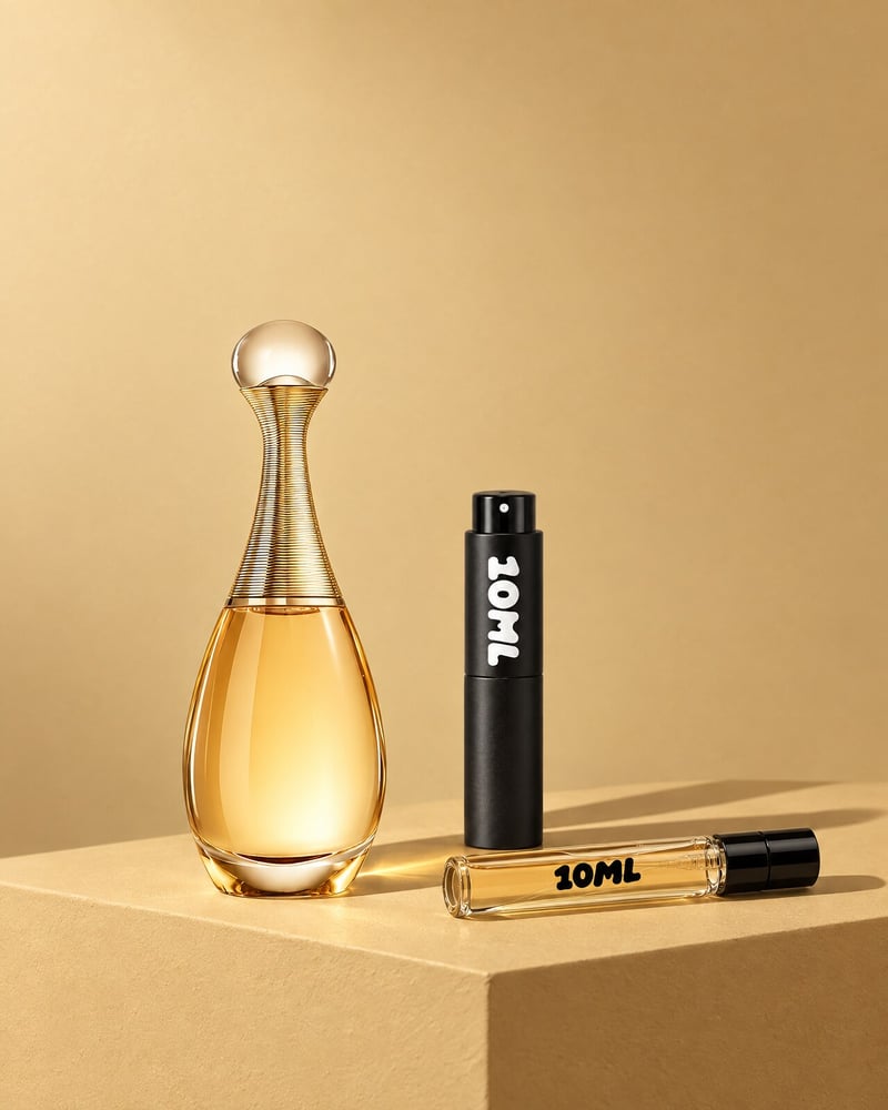 Dior J'adore with a 10ML travel atomiser and a 10ML refill vial on a gold plinth