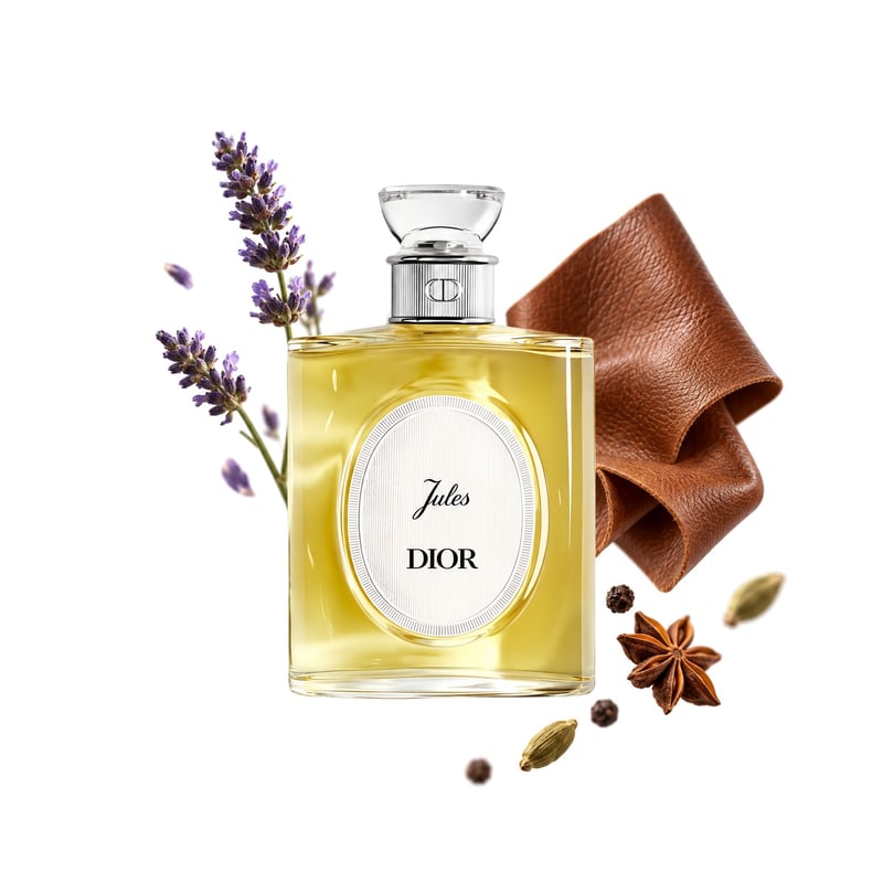 Jules Dioriginals by Dior, bottle pictured with its key notes: Lavender, Spicy Notes and Leather
