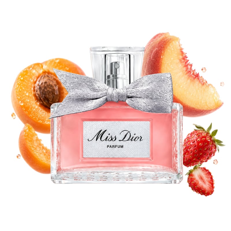 Miss Dior Parfum fra Dior, flaske afbildet med sine vigtigste duftnoter: Abrikos, Fersken og Vild jordbær
