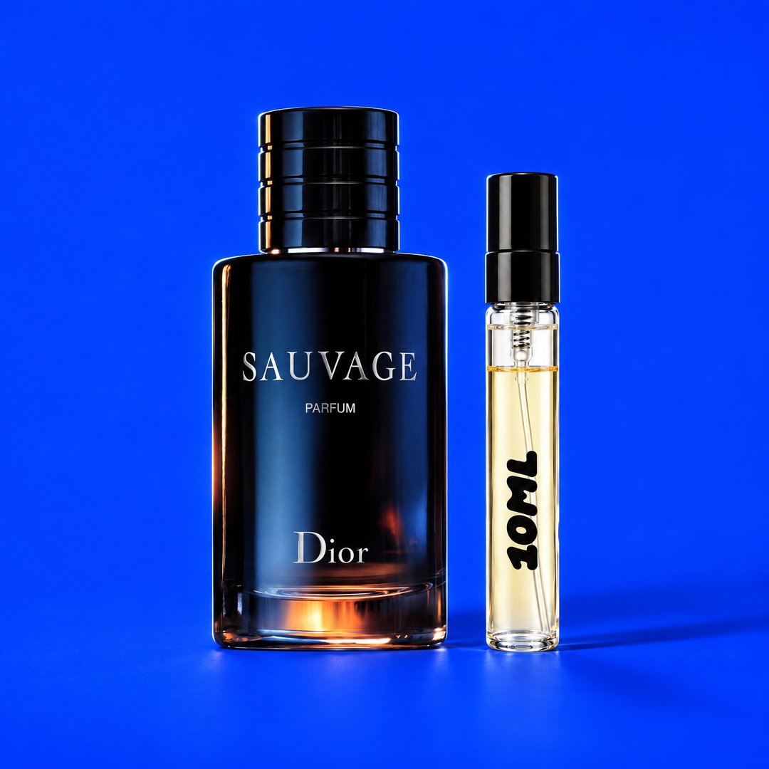 Decant van 10 ml van Sauvage Parfum (Dior) naast de originele fles