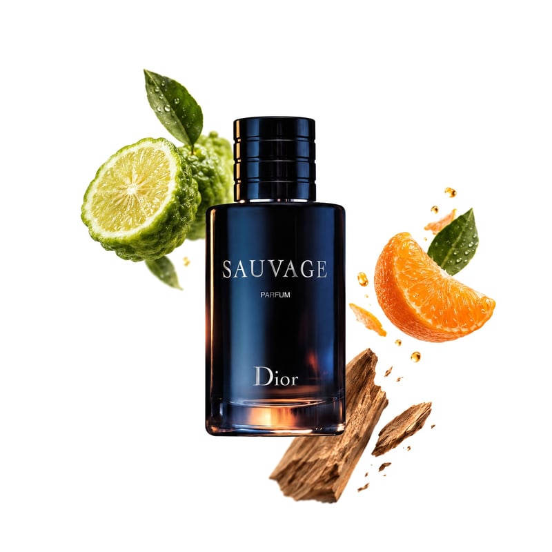 Sauvage Parfum fra Dior, flaske afbildet med sine vigtigste duftnoter: Bergamot, Mandarin og Sandeltræ