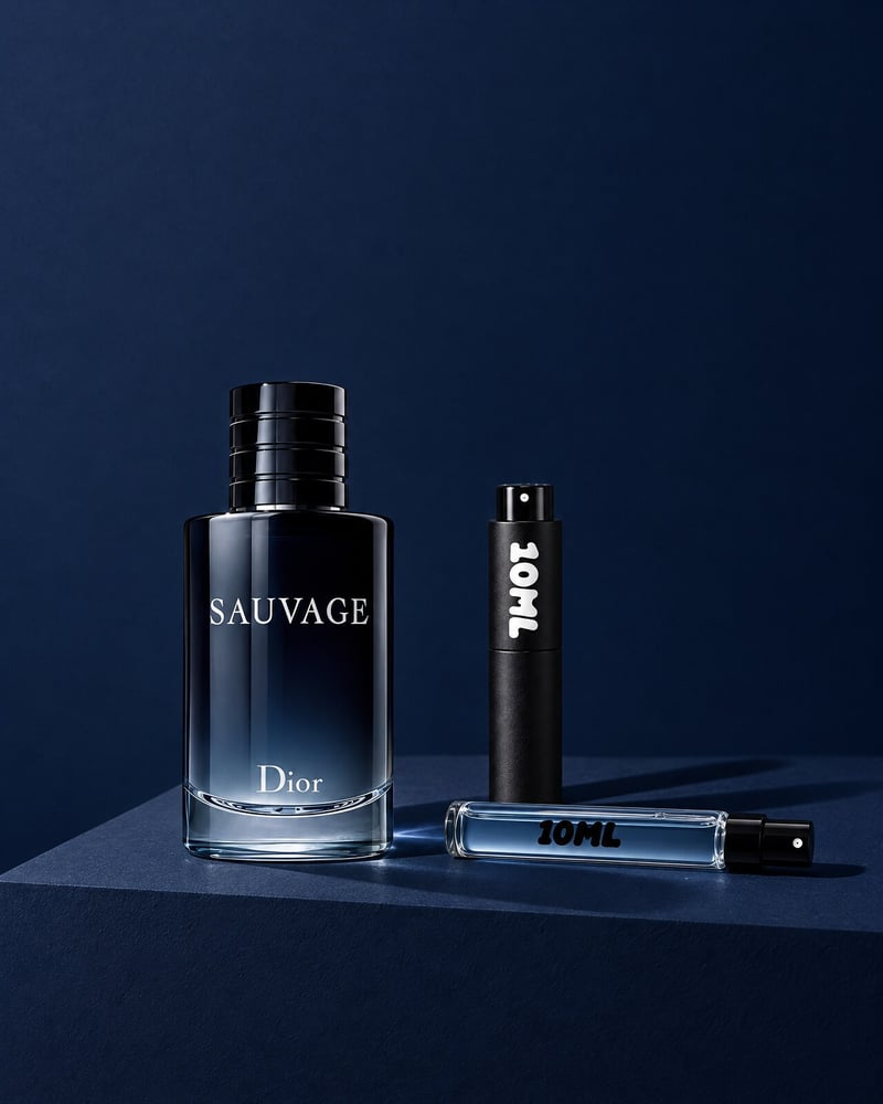Dior Sauvage egy 10ML utazó szórófejjel és egy 10ML utántöltő fiolával, kék talapzaton