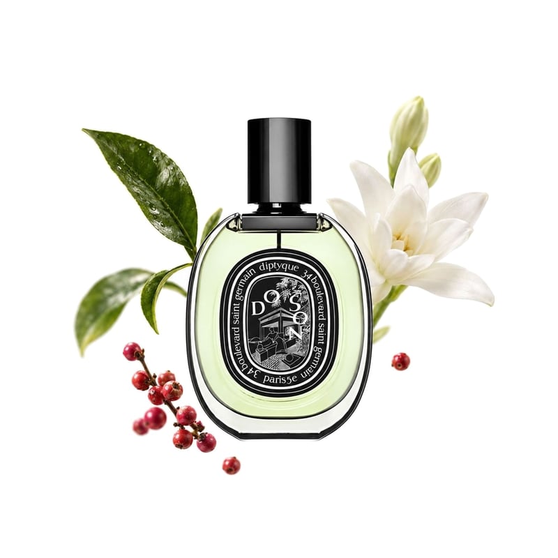Do Son by Diptyque, bottle pictured with its key notes: Orange Leaves, Pink Pepper and Tuberose