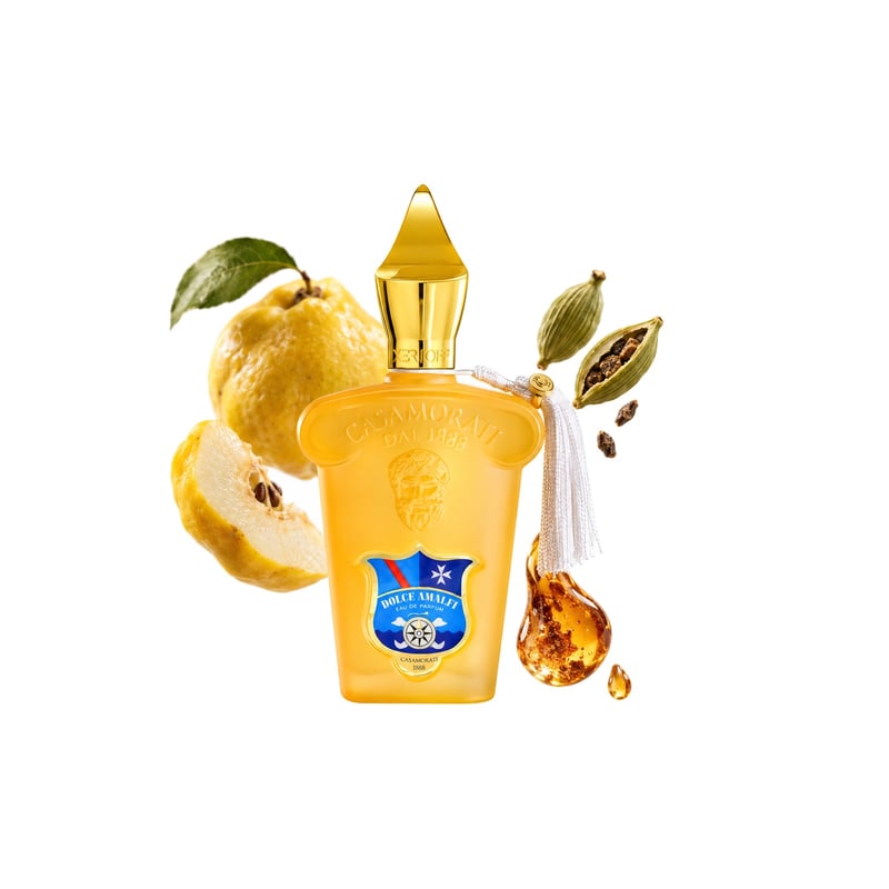 Dolce Amalfi by Xerjoff, bottle pictured with its key notes: Quince, Cardamom and Tolu Balsam
