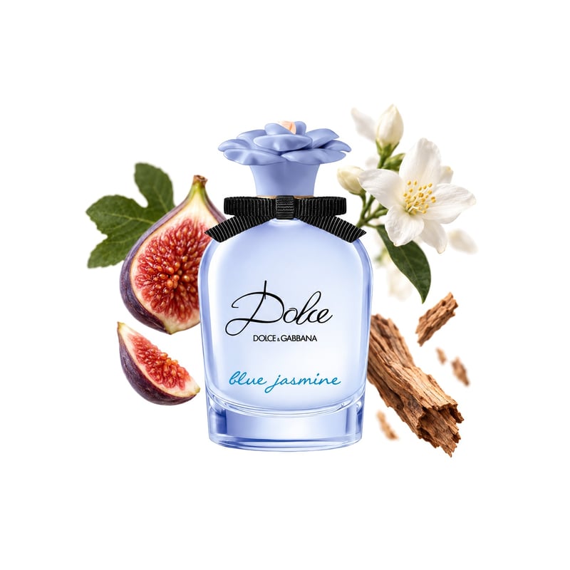 Dolce Blue Jasmine by Dolce&Gabbana, bottle pictured with its key notes: Fig, Jasmine Sambac and Cedarwood