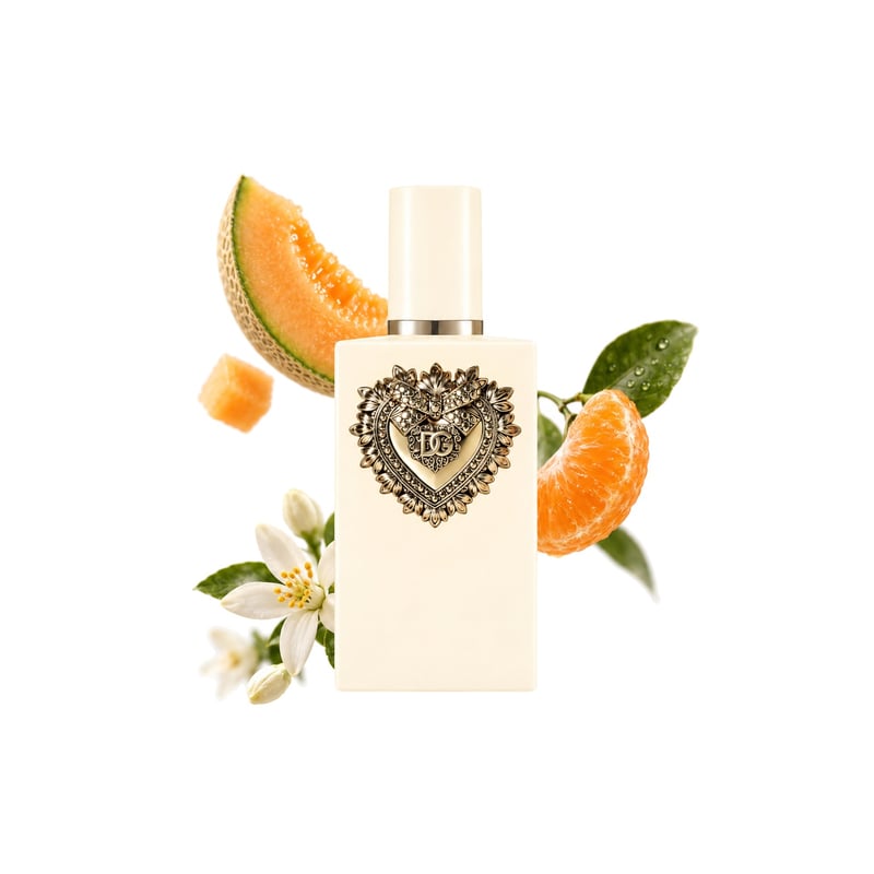 Your Devotion Eau de Parfum Intense de la Dolce&Gabbana, flacon alături de notele principale: Pepene galben, Mandarină siciliană și Flori de portocal