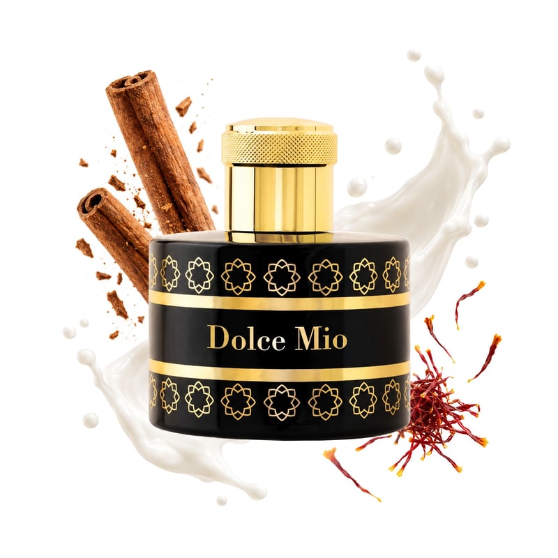 Dolce Mio by Pantheon Roma, bottle pictured with its key notes: Cinnamon, Milk and Saffron