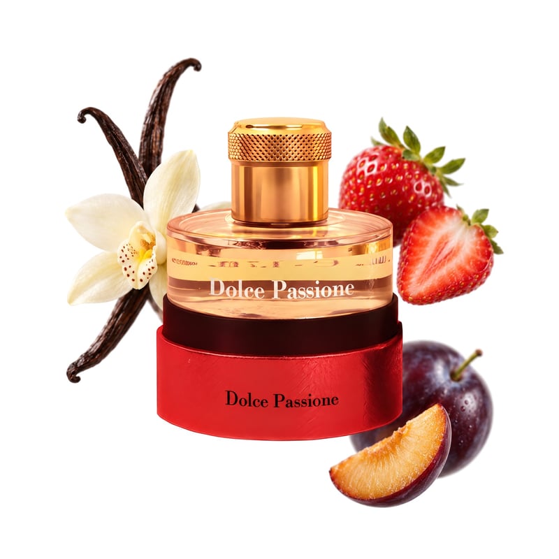 Dolce Passione by Pantheon Roma, bottle pictured with its key notes: Vanilla, Strawberry and Plum