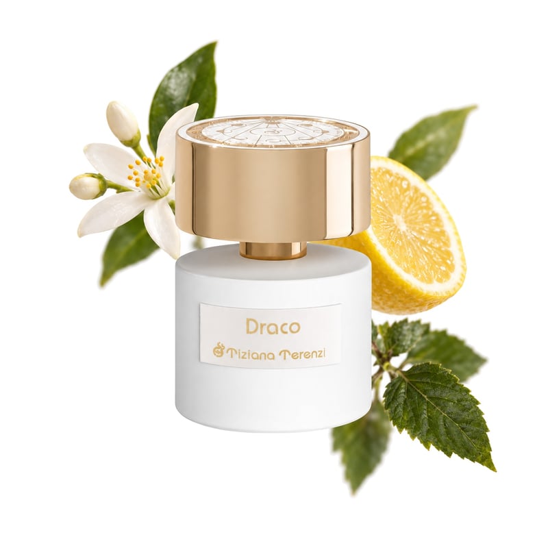 Draco by Tiziana Terenzi, bottle pictured with its key notes: African Orange Flower, Amalfi Lemon and Indian Patchouli