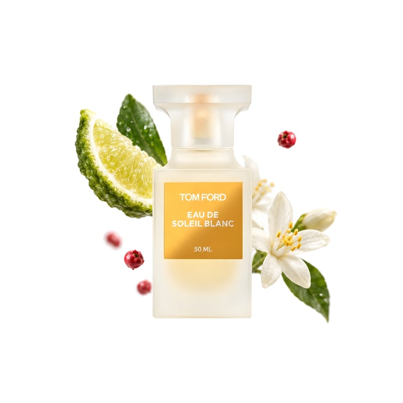 Eau de Soleil Blanc by Tom Ford, bottle pictured with its key notes: Bergamot, Pink Pepper and Orange Blossom