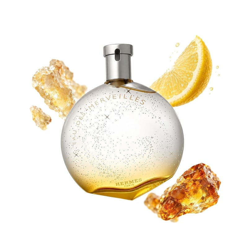Eau des Merveilles de la Hermès, flacon alături de notele principale: Rășină de elemi, Lămâie și Ambră