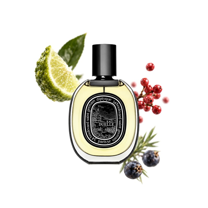 Eau Duelle by Diptyque, bottle pictured with its key notes: Bergamot, Pink Pepper and Juniper