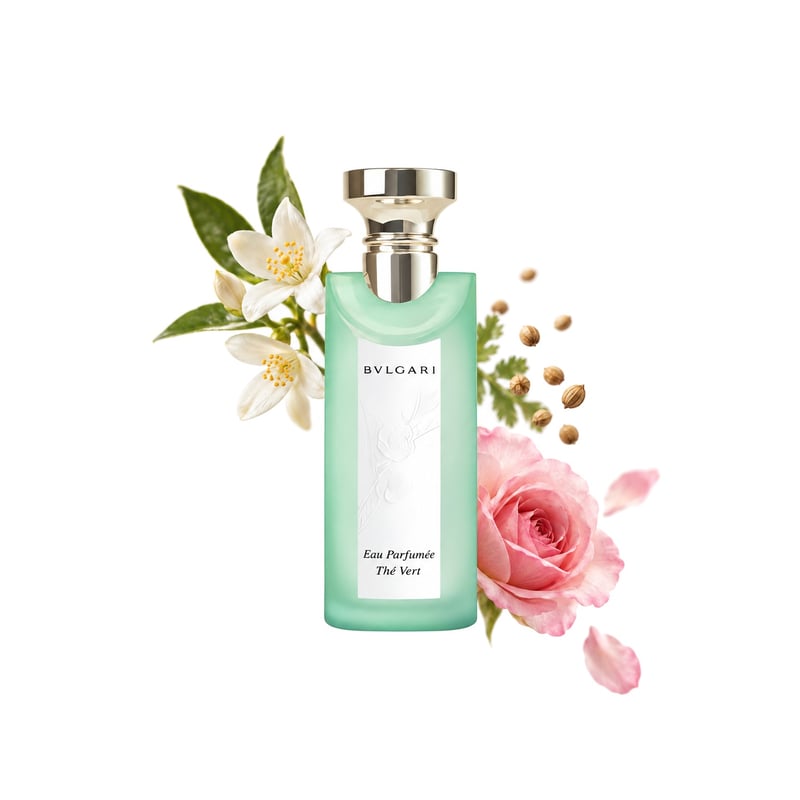 Eau Parfumée au Thé Vert by Bvlgari, bottle pictured with its key notes: Orange Blossom, Coriander and Bulgarian Rose