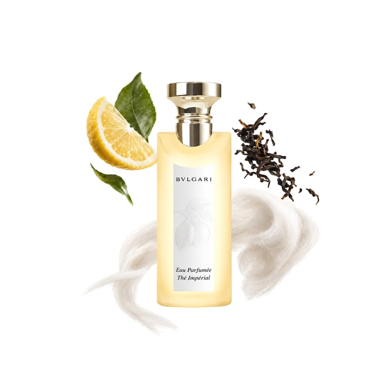 Eau Parfumée Thé Impérial by Bvlgari, bottle pictured with its key notes: Citrus, Black Tea and Musk
